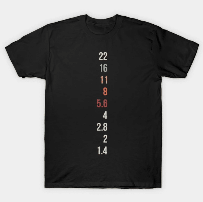 Diseño de camisetas fotográficas que muestran números de apertura.