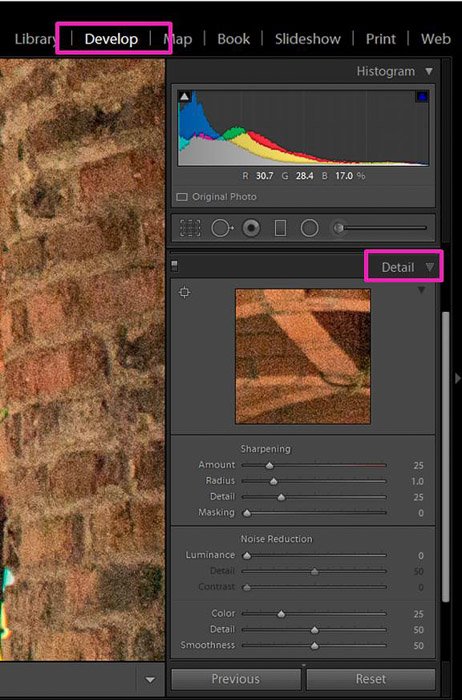 Captura de pantalla que muestra cómo corregir la exposición en Lightroom: cómo disminuir el granulado de la imagen