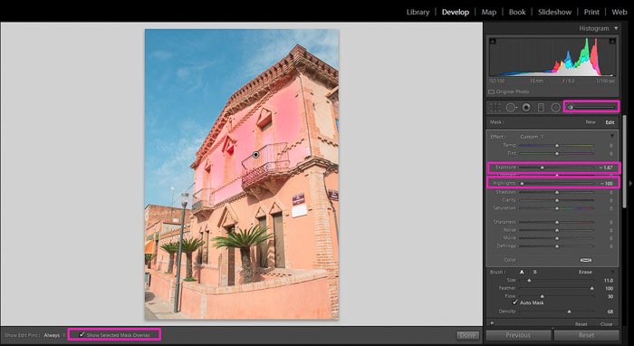 Captura de pantalla que muestra cómo arreglar una foto sobreexpuesta en Lightroom - herramienta Pincel