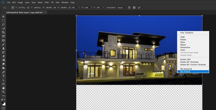 Captura de pantalla de cómo voltear una capa en Photoshop