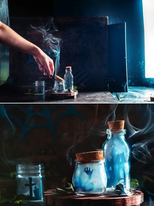 Una configuración para una fotografía de naturaleza muerta con humo con botellas de vidrio con las siluetas de pequeños personajes recortados en el interior y humo saliendo