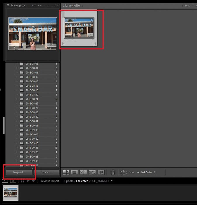 Una captura de pantalla que muestra cómo importar una foto para recortar o enderezar fotos en Lightroom