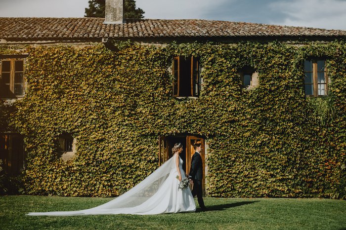 Imagen de la cámara del sensor de fotograma completo de una pareja el día de su boda frente a una pared llena de plantas trepadoras
