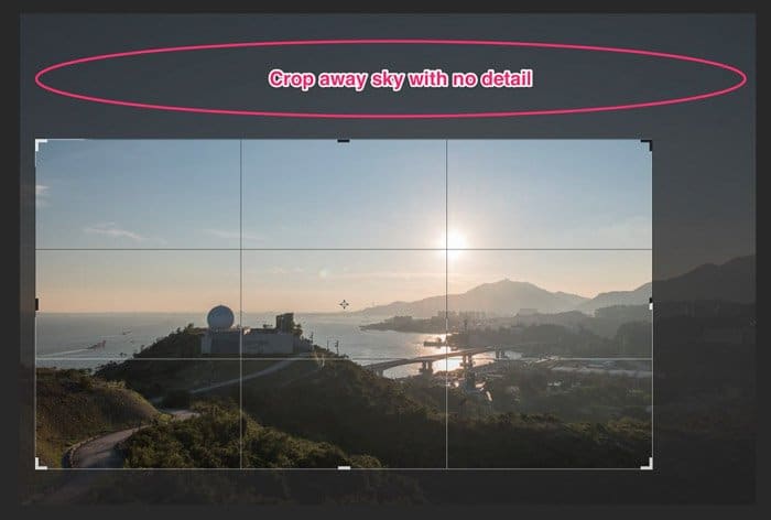 Una captura de pantalla que muestra cómo recortar el cielo en una foto de paisaje una imagen en Lightroom