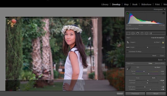 usando la proporción áurea mientras recorta una foto de una mujer con un vestido blanco con una corona de flores en una sala de luz