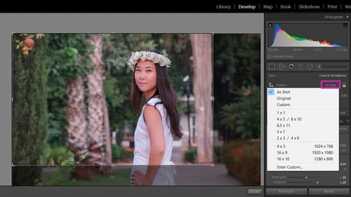 usando lightroom para cambiar la relación de aspecto de la foto de una mujer con un vestido blanco y una corona de flores