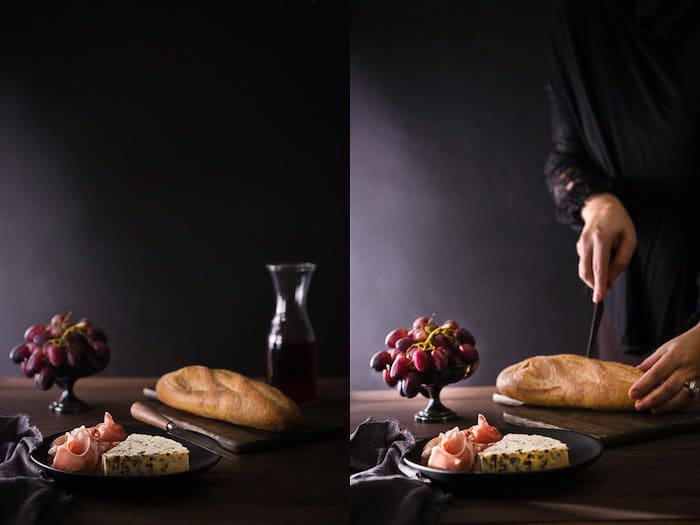 Un díptico de fotografía de alimentos que muestra una naturaleza muerta en un estilo oscuro y de mal humor