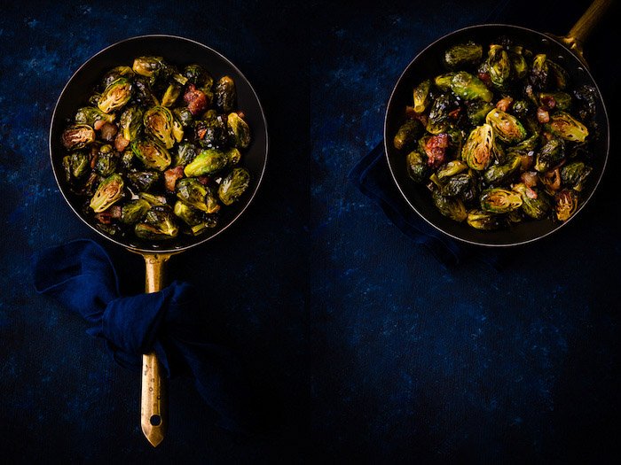Un díptico de fotografía de alimentos que muestra un bodegón de coles de Bruselas en un estilo de fotografía de luz mística