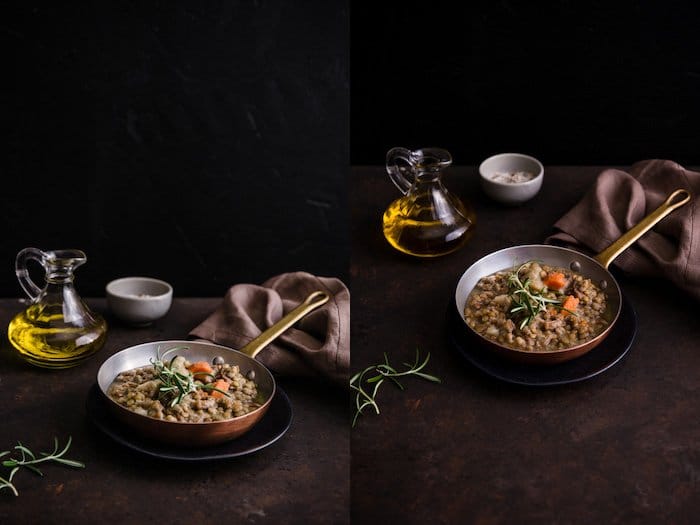 Díptico de fotografía de comida Mystic Light de una sartén de comida con aceite, tazones pequeños y una toalla sobre una mesa de color oscuro