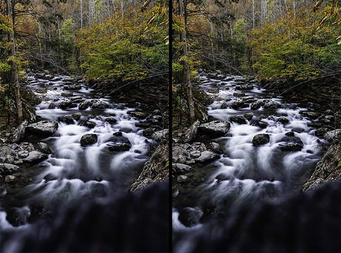 Díptico de una cascada que fluye comparando diferentes tiempos de exposición