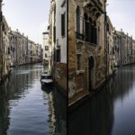 Un díptico de un canal en venecia, la foto correcta tomada con una configuración de fotografía de larga exposición durante el día