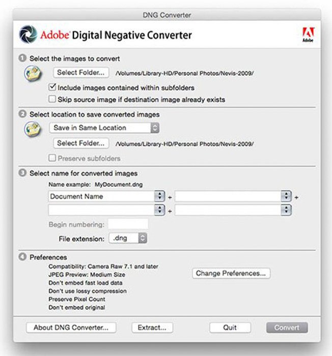 Captura de pantalla de Adobe Digital Negative Converter