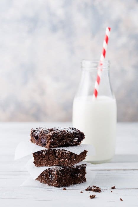 foto de comida de brownies de chocolate frente a una botella de leche 