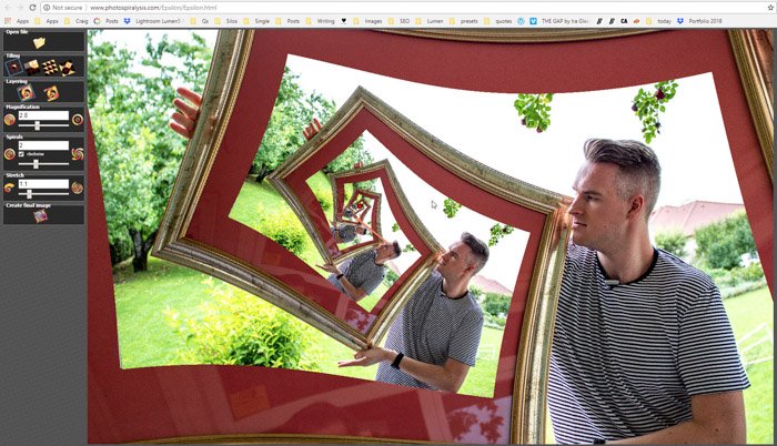 Captura de pantalla de cómo cambiar la ampliación en Photospiralysis para crear una foto con efecto droste