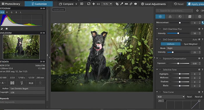Captura de pantalla de la interfaz UX del software de edición de fotos Dxo PhotoLab 4 mientras se edita una imagen