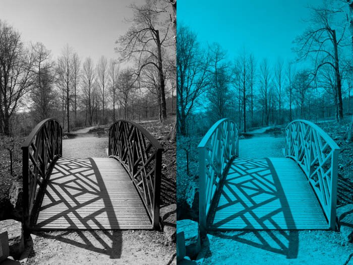 Díptico que muestra la diferencia entre una foto en blanco y negro (izquierda) y monocromática (derecha) de un puente