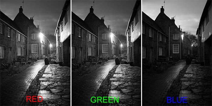 conversación en blanco y negro de una fotografía callejera basada en los canales RGB