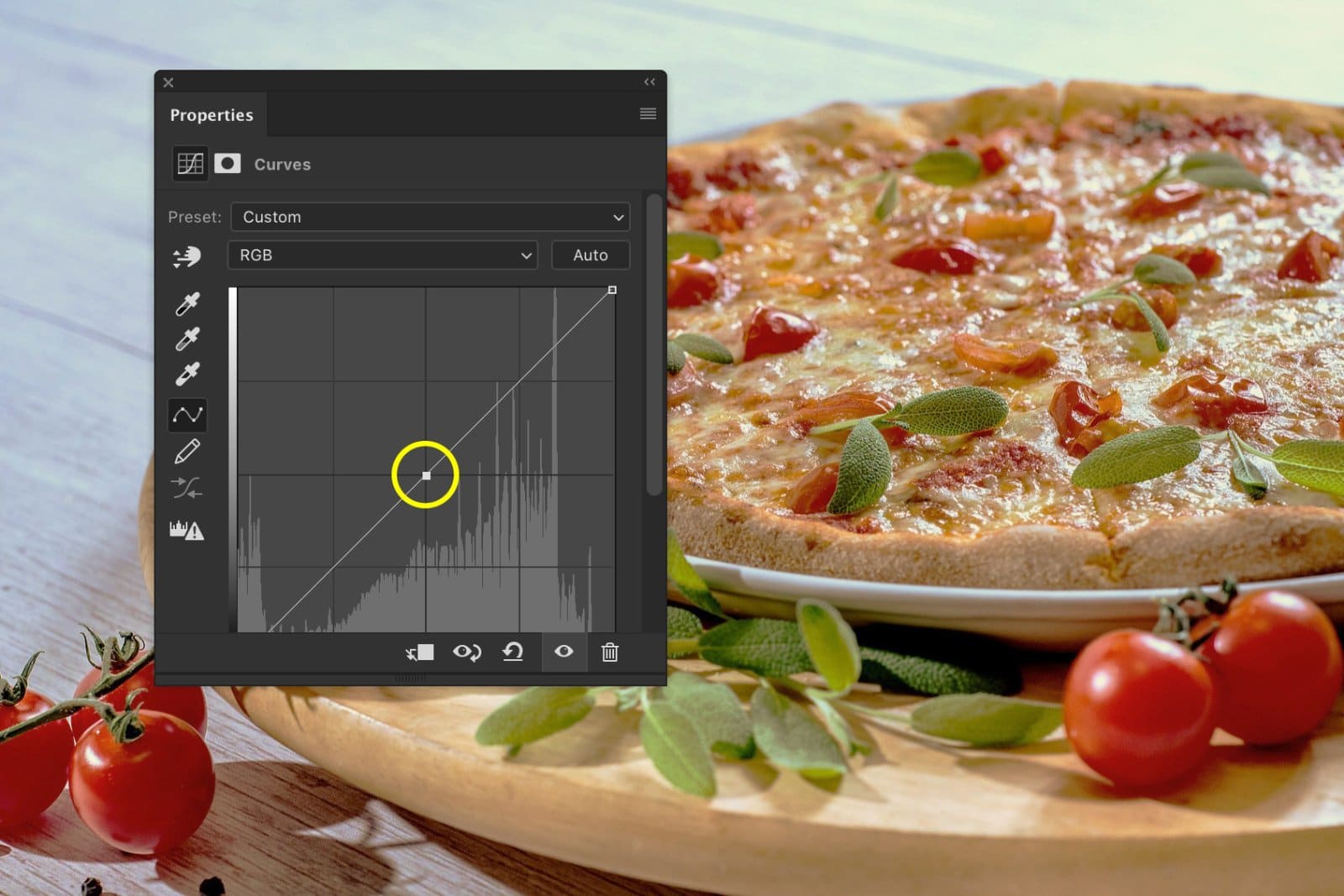 Una captura de pantalla que muestra cómo editar fotografías de alimentos en Photoshop: establezca el punto de anclaje