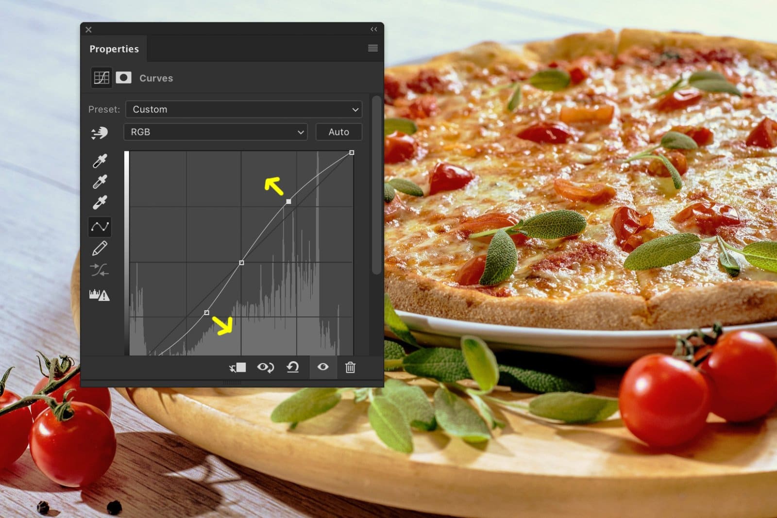 Una captura de pantalla que muestra cómo editar fotografías de alimentos en Photoshop - contraste