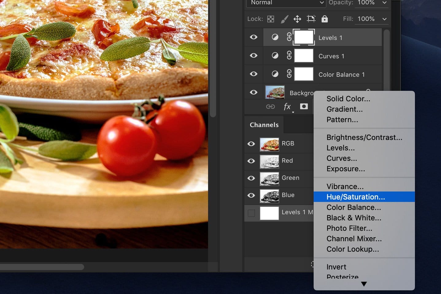 Una captura de pantalla que muestra cómo editar fotografías de alimentos en Photoshop - Eliminar el tono de color restante