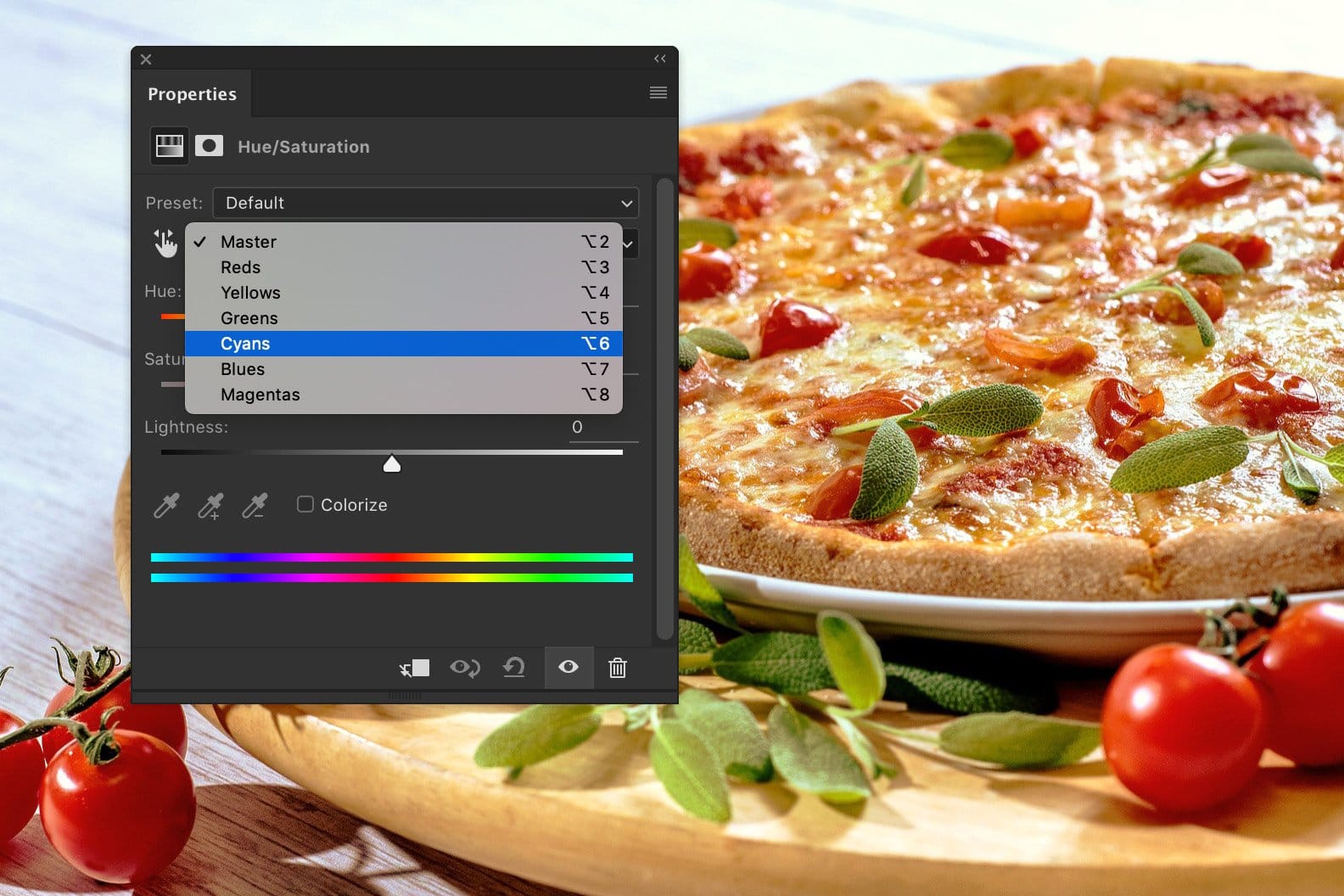 Una captura de pantalla que muestra cómo editar fotografías de alimentos en Photoshop - cian