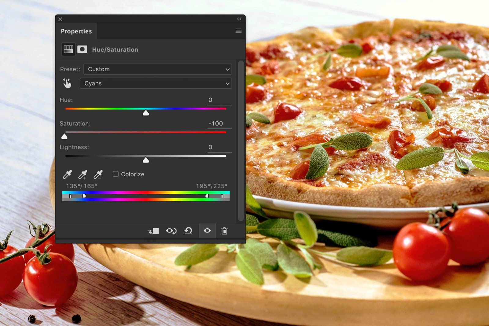 Una captura de pantalla que muestra cómo editar fotografías de alimentos en Photoshop: saturación