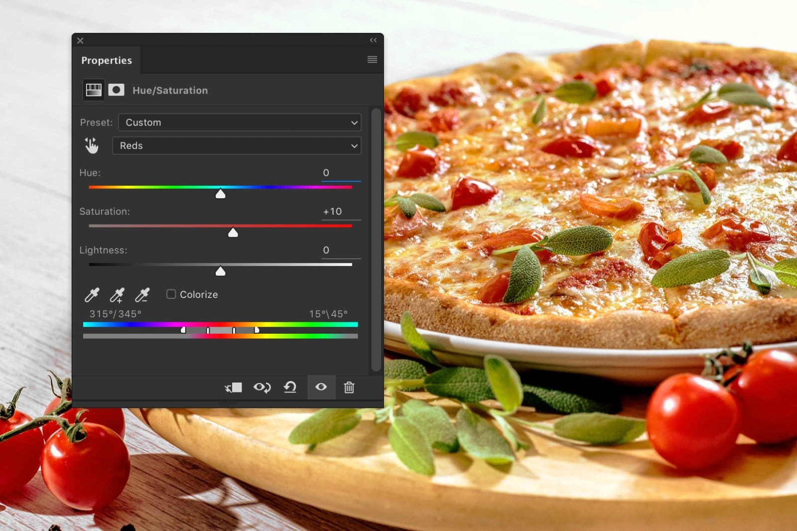 Una captura de pantalla que muestra cómo editar fotografías de alimentos en Photoshop con saturación