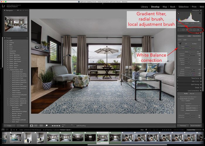 Interfaz de Lightroom de técnicas de edición de fotografías de interiores.