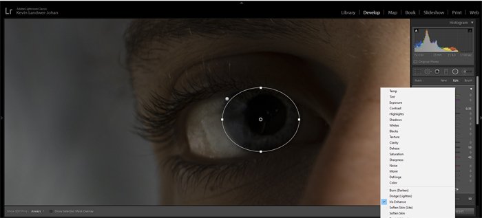 una captura de pantalla que muestra cómo mejorar los ojos en Lightroom