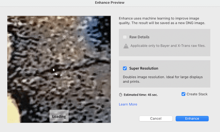 Vista previa de mejora de imagen en Lightroom que muestra la opción de superresolución para ampliar la imagen