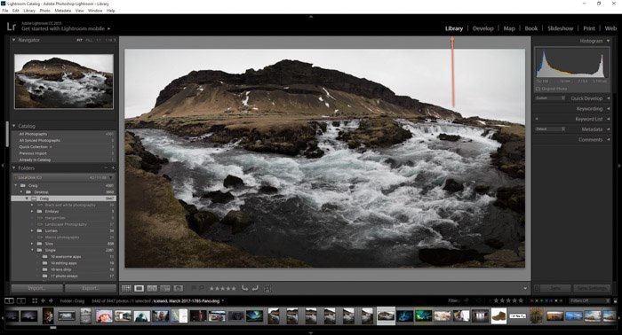 Una captura de pantalla que muestra una imagen de paisaje montañoso abierta en Lightroom: cómo exportar fotos