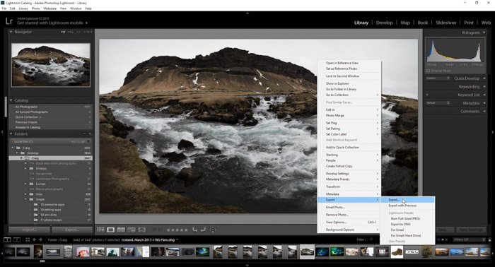 Una captura de pantalla que muestra cómo exportar sus fotos desde Lightroom usando una foto horizontal