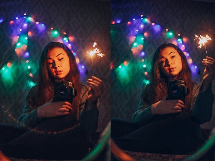 Díptico atmosférico de una modelo femenina tomándose un autorretrato en el espejo - Creative Fairy Light Photography Ideas