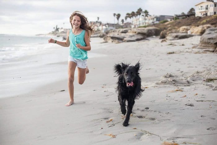 Una dulce fotografía familiar en la playa de una niña corriendo en la playa con un perro