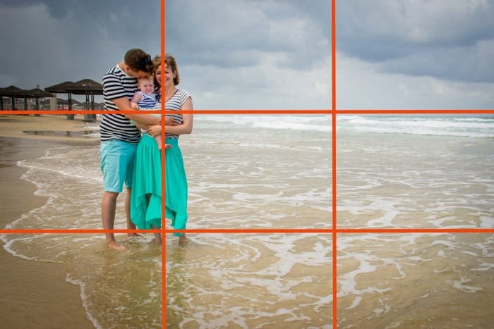 Una pareja con un bebé pequeño posando en una playa con la línea de la cuadrícula de la regla de los tercios superpuesta: ideas para fotografías familiares