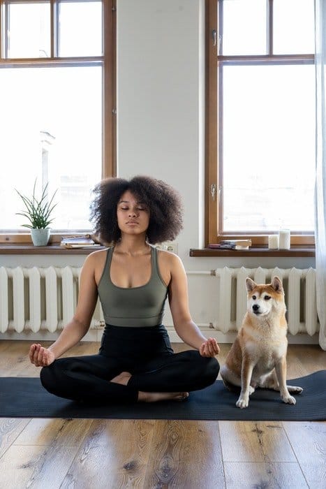 Una chica haciendo yoga junto a su lindo perro.