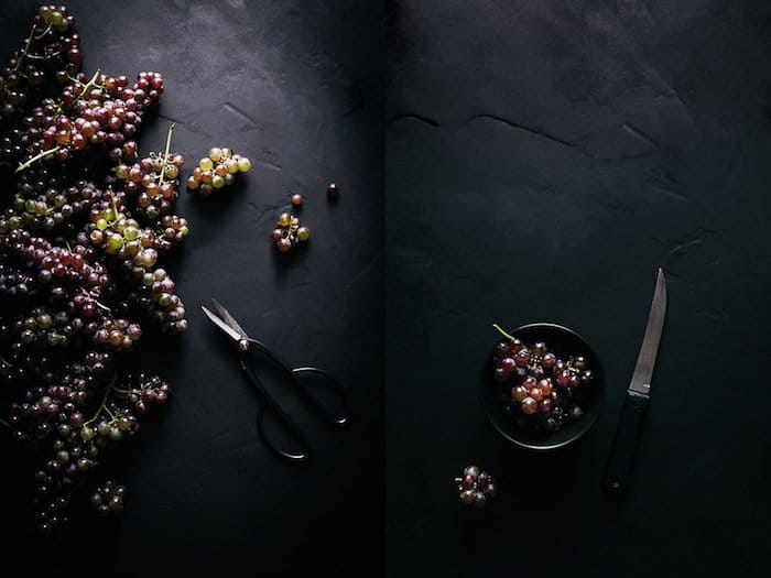 Un díptico oscuro y atmosférico de fotografía de alimentos de bellas artes.