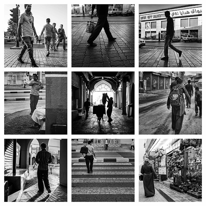 una cuadrícula de 9 fotografías, cada una de las cuales muestra una fotografía callejera en blanco y negro diferente