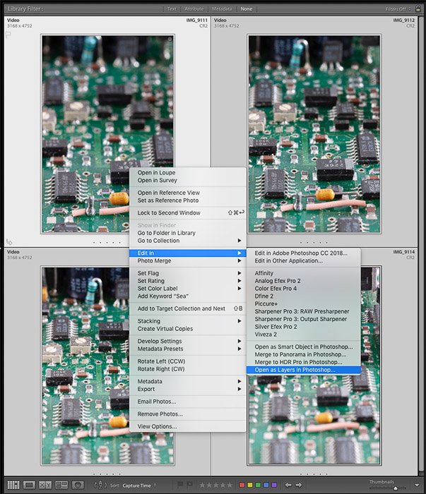 Captura de pantalla del envío de una secuencia de imágenes de Lightroom a Photoshop para el apilamiento de enfoque.