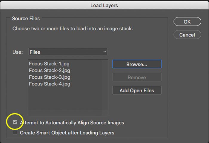 Captura de pantalla de la carga de una secuencia de imágenes en una pila en Photoshop con alineación automática.