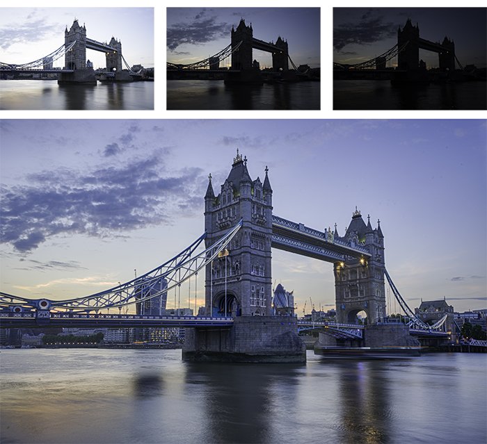 Cuadrícula de cuatro fotos de un puente de la ciudad, mejorada con software hdr gratuito