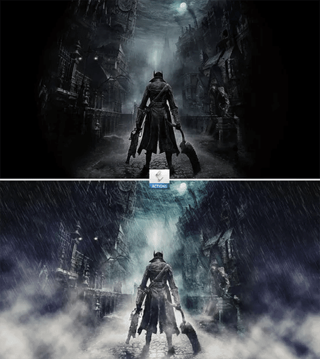 Díptico retrato de fantasía antes y después de usar Photoshop Action - Cinematic Rain Effects