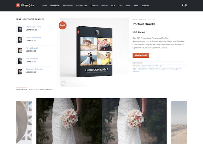 Captura de pantalla del sitio web de Preset Pro con un paquete de retratos de ajustes preestablecidos de boda para Lightroom