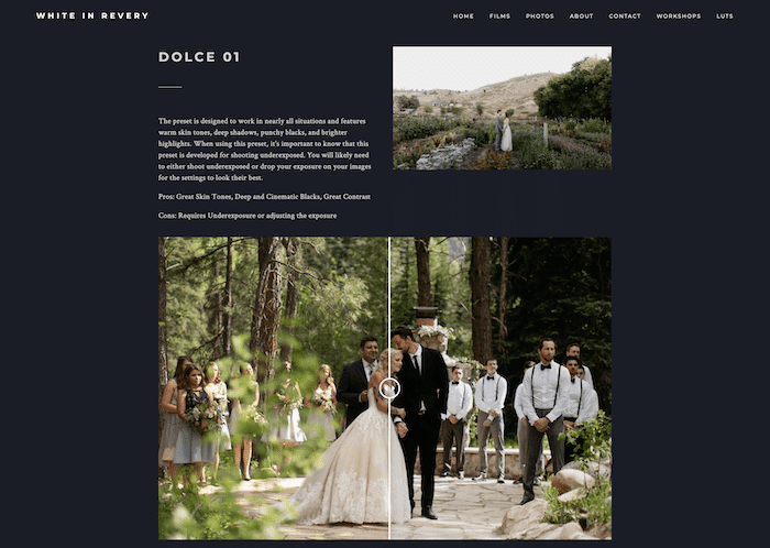 Captura de pantalla del sitio web White In Revery con ajustes preestablecidos de boda Dolce para Lightroom