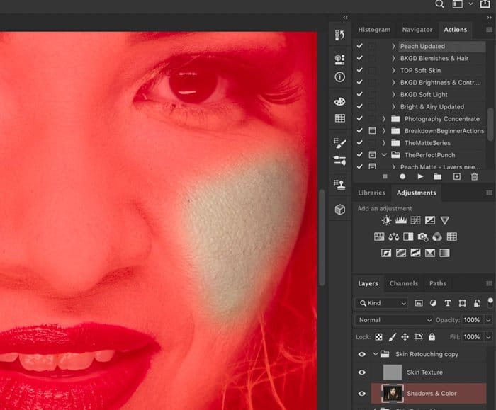 Captura de pantalla del uso de una máscara rápida para editar un retrato con separación de frecuencia