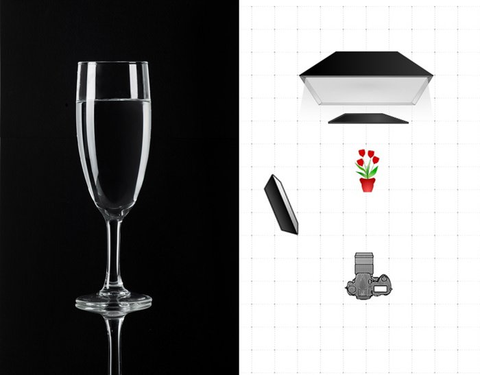 Díptico de una foto de una copa de vino y un diagrama explicativo de la configuración de iluminación de la fotografía de copa