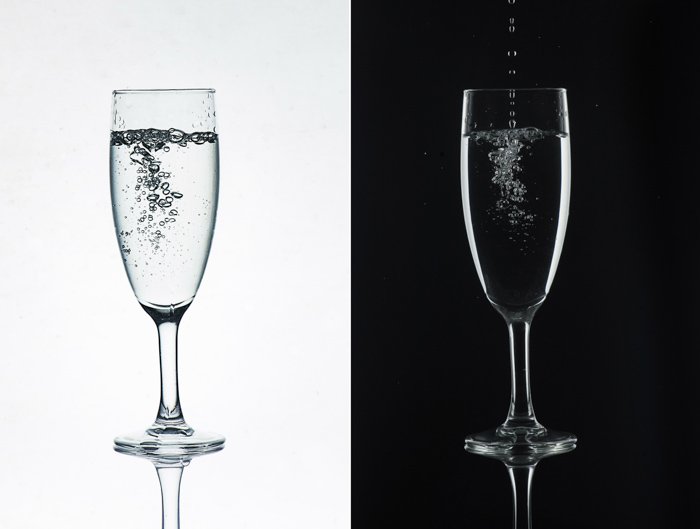 Un díptico de fotografía de vidrio - una copa de vino sobre fondo blanco y sobre fondo negro