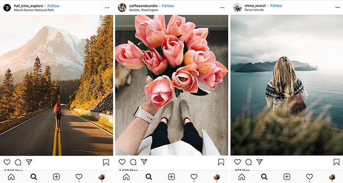 Un tríptico de tres pantallas de teléfonos inteligentes abiertas en el feed de Instagram: cómo tomar buenas fotos de Instagram