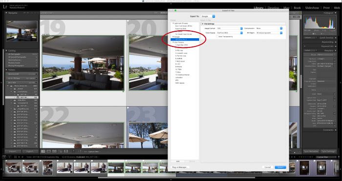 Una captura de pantalla del uso de Google Nik Collection en Lightroom: menú de exportación de HDR Efex Pro, compilando varias fotos en una imagen HDR