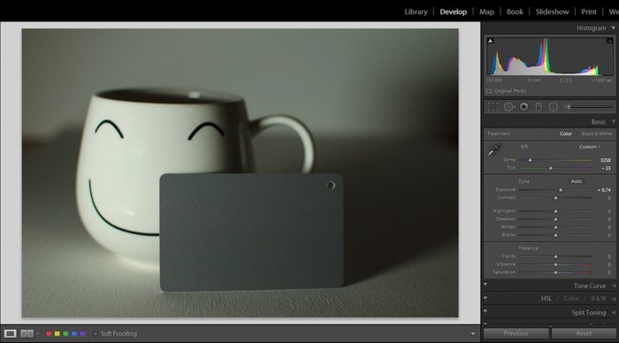 Una captura de pantalla que muestra cómo usar una tarjeta gris para la corrección de color en Lightroom